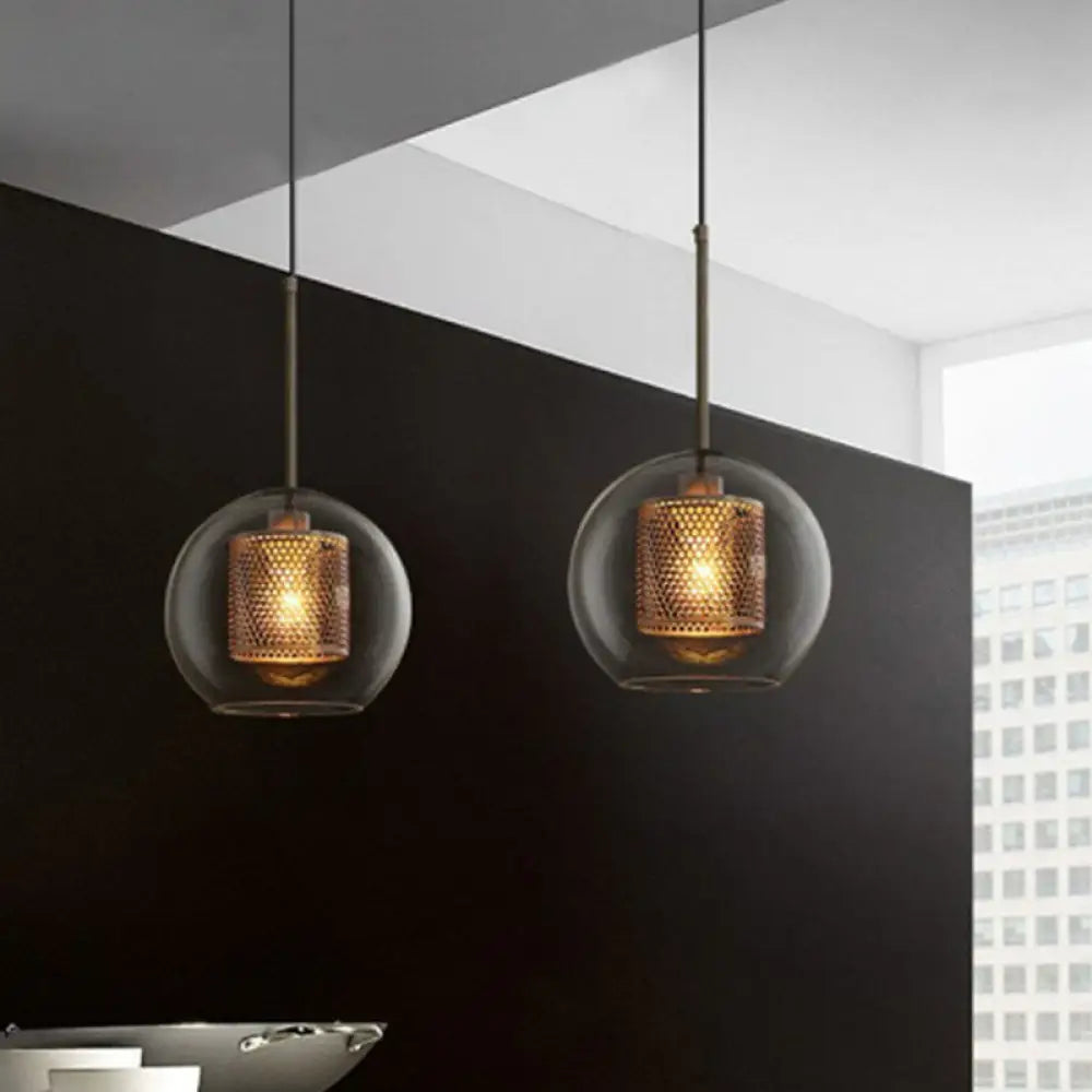 Modern Clear Glass Sphere Pendant Light With Mesh Screen - 1 Bulb Suspension Lamp