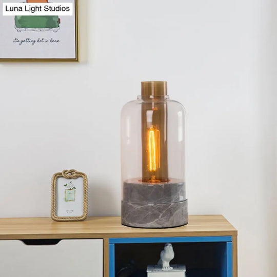 Modern Clear Glass Table Lamp With Grey Shade And Marble Base - Sleek Jar Design