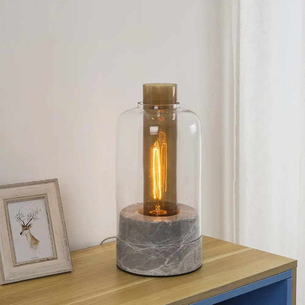 Modern Clear Glass Table Lamp With Grey Shade And Marble Base - Sleek Jar Design