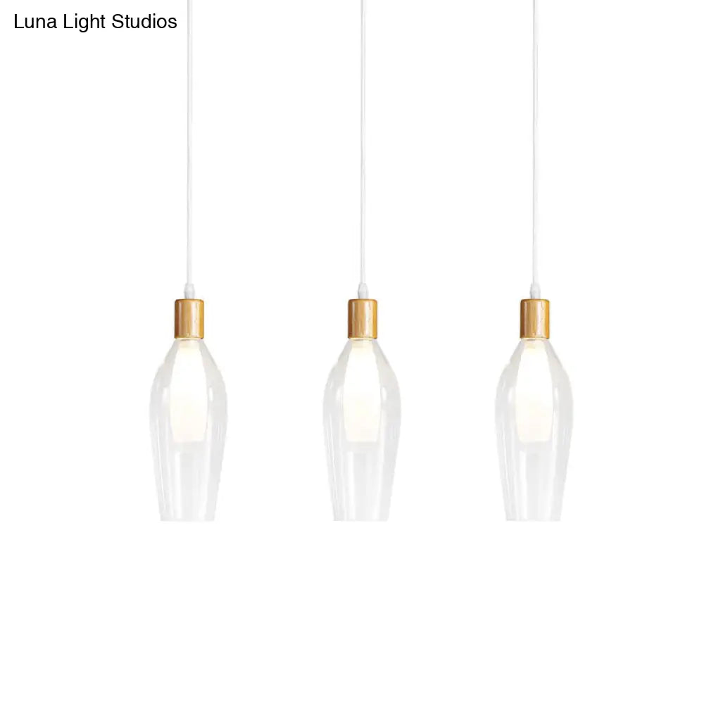 Modern Tulip Glass Pendant Chandelier Clear Wood Accents 3-Bulb Hanging Ceiling Lamp