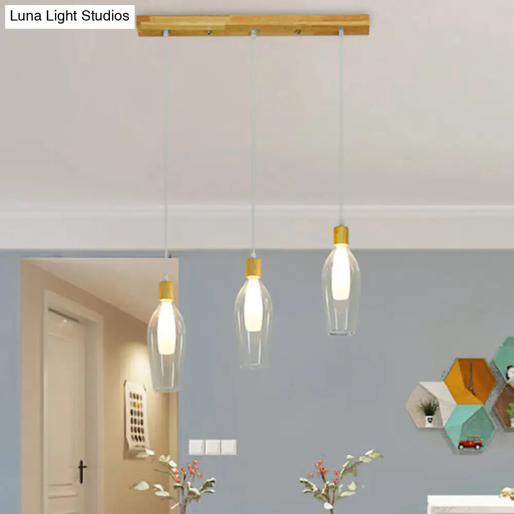 Modern Tulip Glass Pendant Chandelier Clear Wood Accents 3-Bulb Hanging Ceiling Lamp