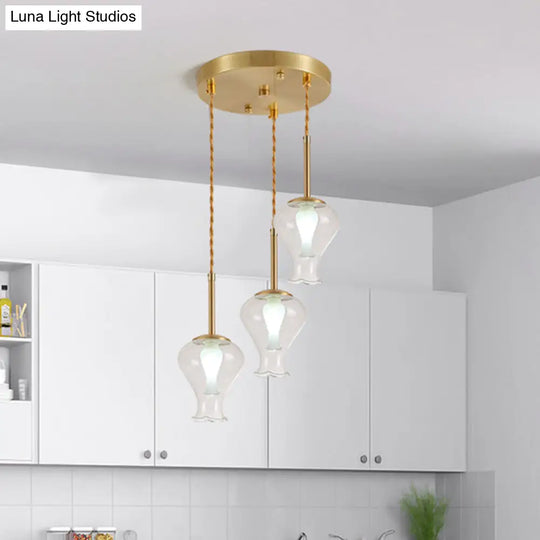 Modern Clear Glass Vase Ceiling Light With 3 Brass Pendant Lights For Dining Room