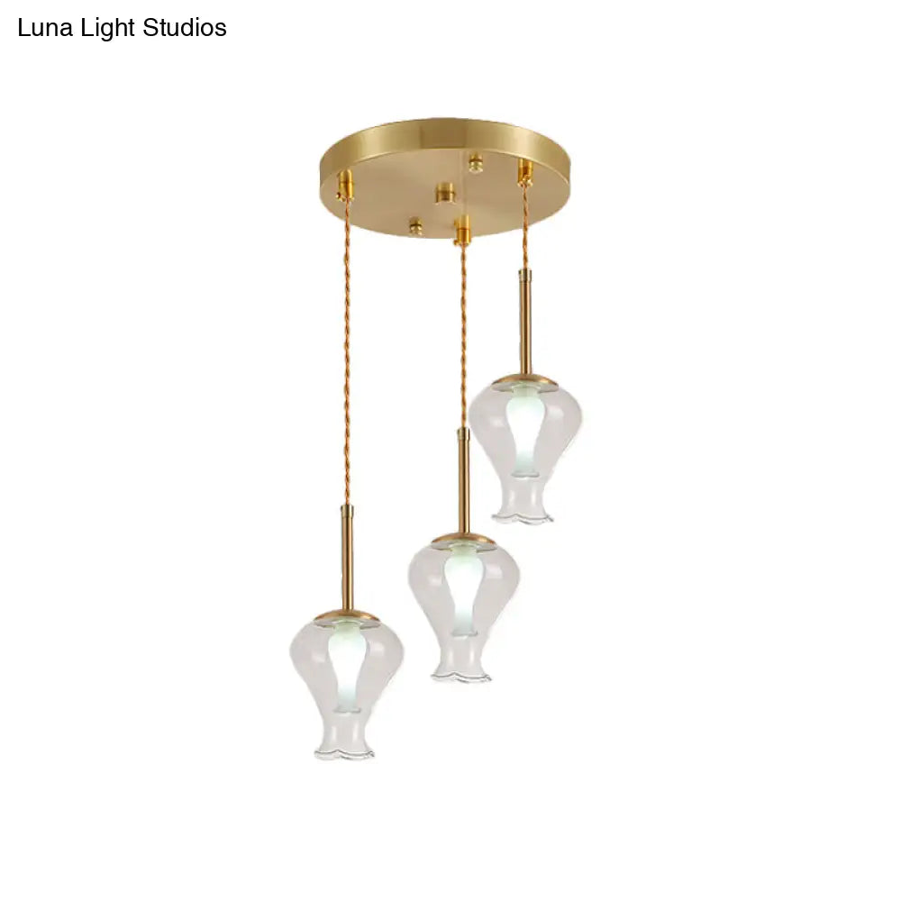 Modern Clear Glass Vase Ceiling Pendant Light With Brass Accents - 3 Lights For Dining Room