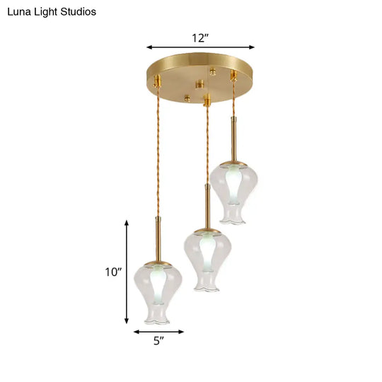 Modern Clear Glass Vase Ceiling Pendant Light With Brass Accents - 3 Lights For Dining Room