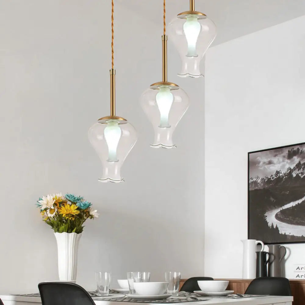 Modern Clear Glass Vase Ceiling Pendant Light With Brass Accents - 3 Lights For Dining Room