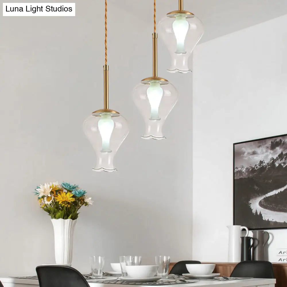 Modern Clear Glass Vase Ceiling Light With 3 Brass Pendant Lights For Dining Room