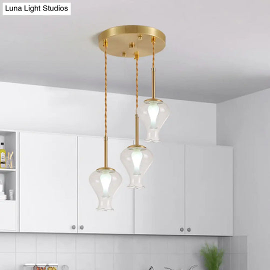 Modern Clear Glass Vase Ceiling Pendant Light With Brass Accents - 3 Lights For Dining Room