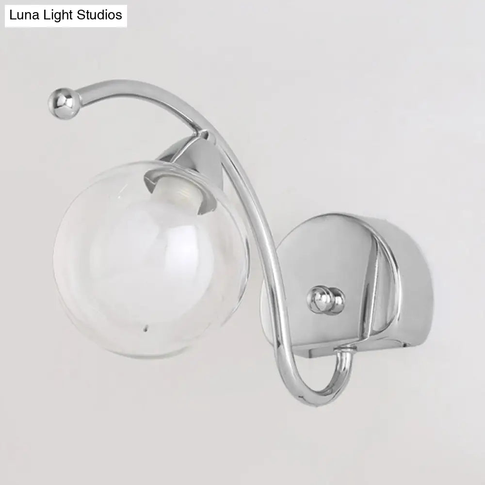 Modern Clear Glass Wall Lamp With Led Light In Chrome - Bedroom Sconce Curved Arm