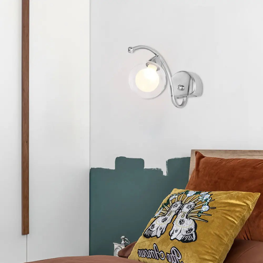 Modern Clear Glass Wall Lamp With Led Light In Chrome - Bedroom Sconce Curved Arm