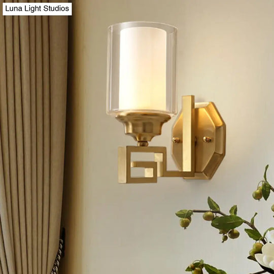 Modern Clear Glass Wall Sconce 1-Light Brass Mount For Living Room Lighting