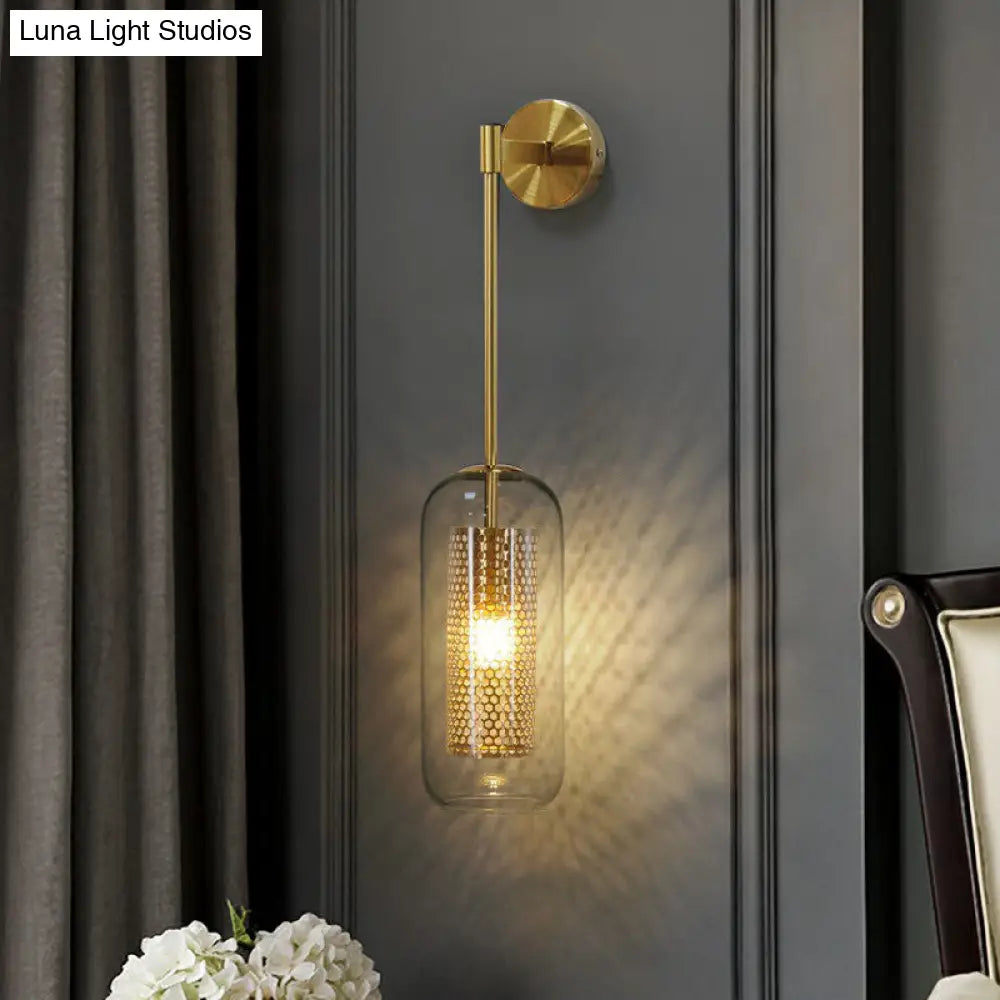 Modern Clear Glass Wall Sconce Light With Wire Mesh - 1 Head Stairway Fixture