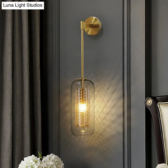 Modern Clear Glass Wall Sconce Light With Wire Mesh - 1 Head Stairway Fixture