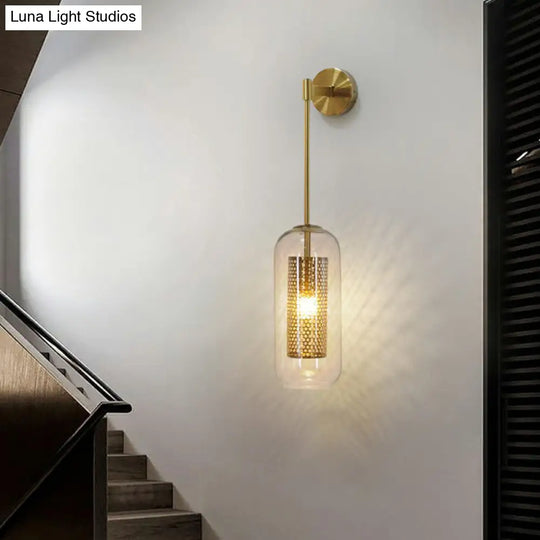 Modern Clear Glass Wall Sconce Light With Wire Mesh - 1 Head Stairway Fixture