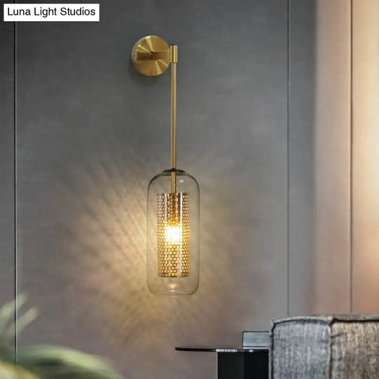 Modern Clear Glass Wall Sconce Light With Wire Mesh - 1 Head Stairway Fixture