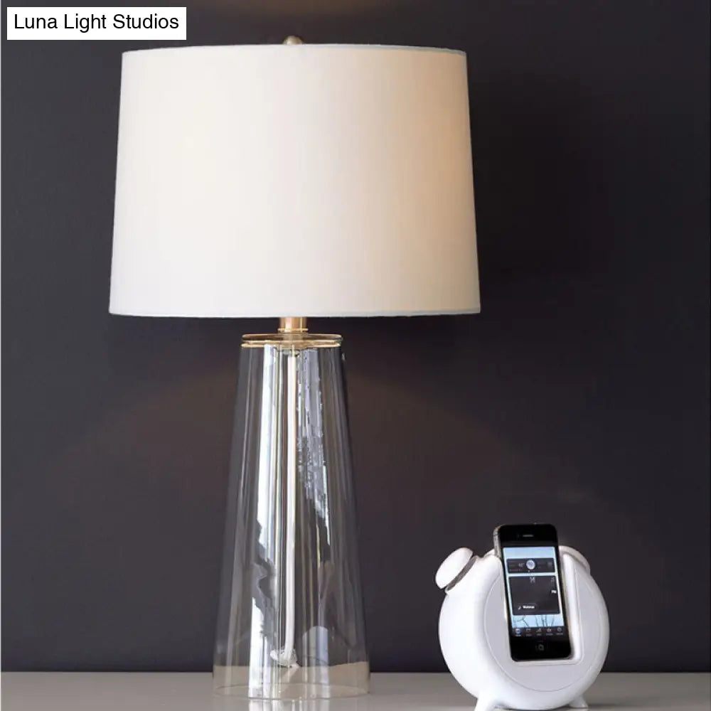 Modern Clear Handblown Glass Tapered Table Lamp With White Fabric Shade - Single Living Room