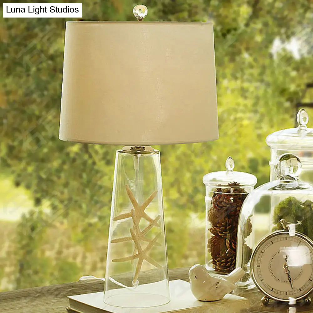 Modern Clear Handblown Glass Tapered Table Lamp With White Fabric Shade - Single Living Room