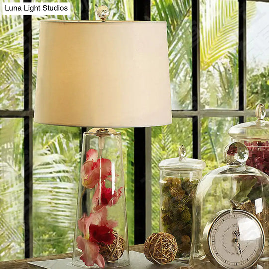 Modern Clear Handblown Glass Tapered Table Lamp With White Fabric Shade - Single Living Room