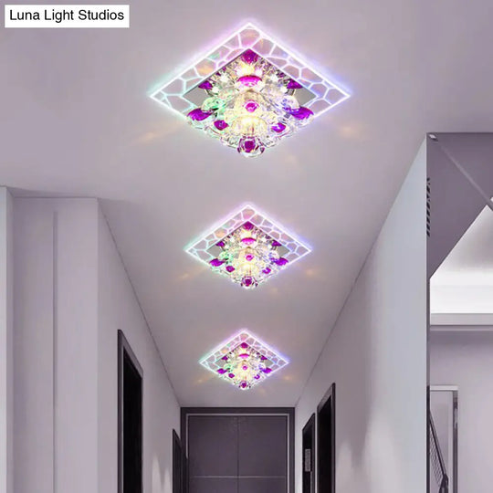 Modern Clear Led Flush Light Fixture For Corridor - Crystal Square Design / 3W Multi Color