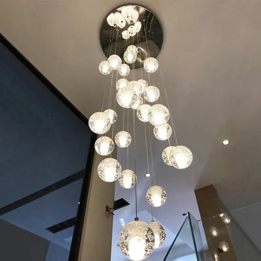 Modern Clear Seedy Crystal Chrome Ceiling Pendant Lamp For Stairs - Global Multi Suspension 26 /
