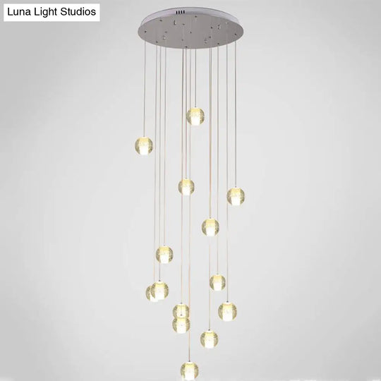 Modern Crystal Chrome Multi Pendant Ceiling Lamp For Stairs - Global Suspension 14 / Clear