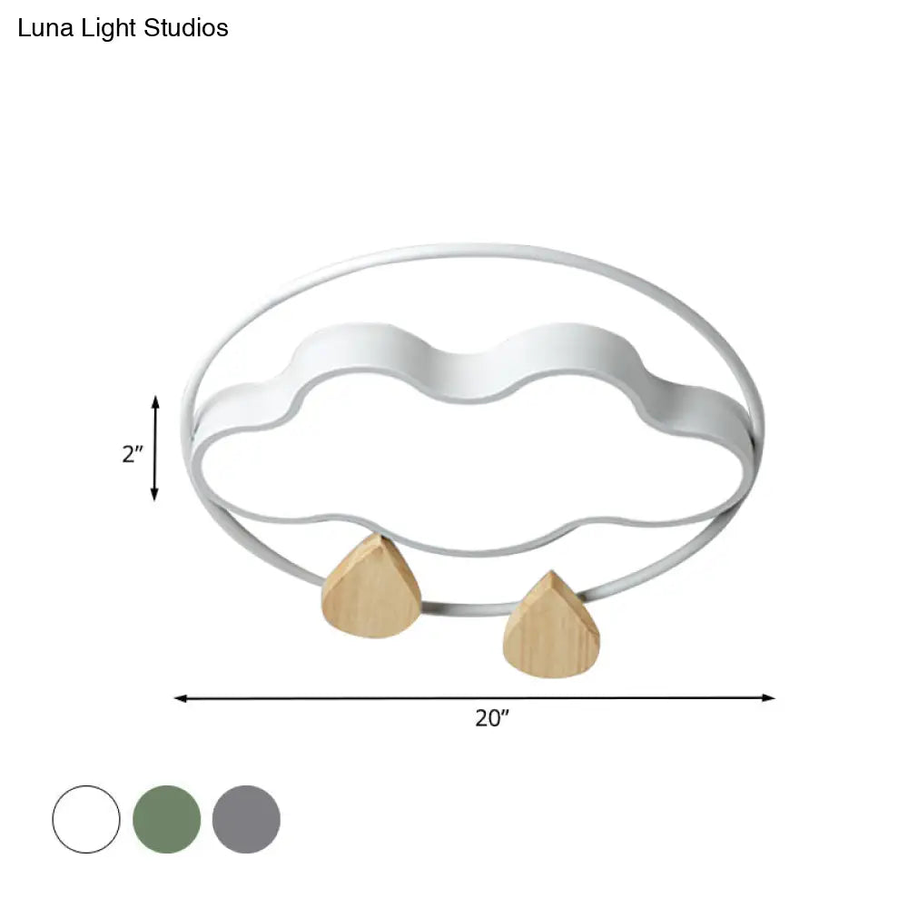 Modern Cloud Bedroom Ceiling Light With Acrylic Led Wood Raindrop Design (Grey/White/Green)