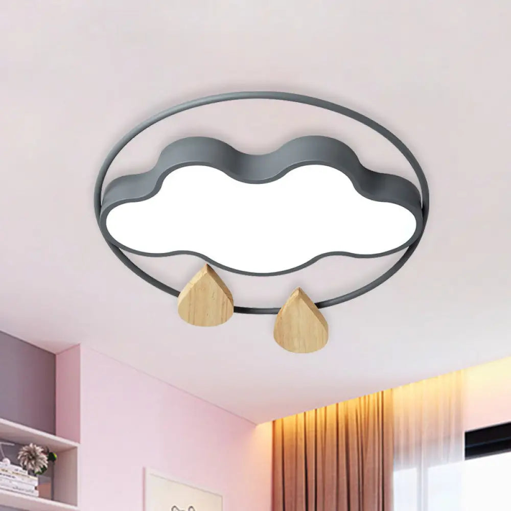 Modern Cloud Bedroom Ceiling Light With Acrylic Led Wood Raindrop Design (Grey/White/Green) Grey