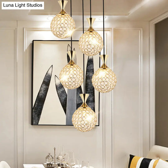 Modern Cluster Pendant Gold Cut Crystal Hanging Ceiling Light For Dining Room 5 / Lighting