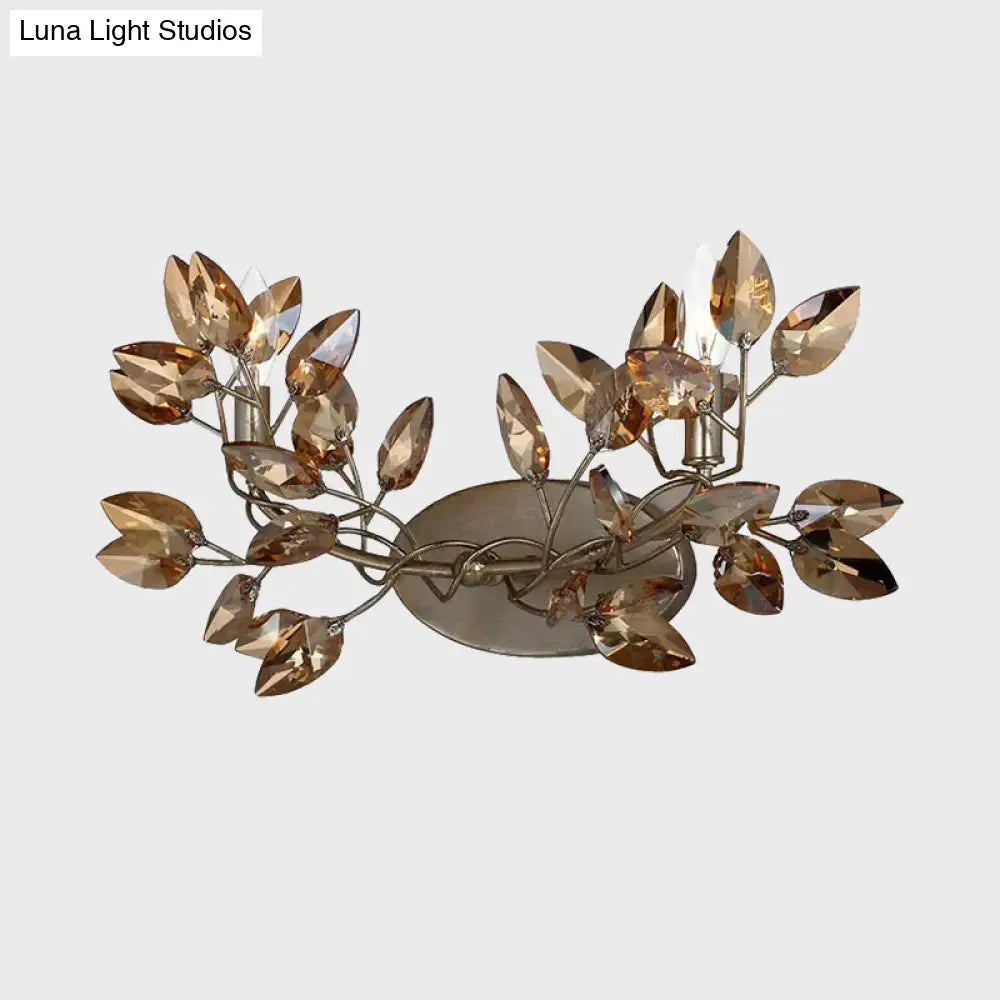 Modern Coffee Wall Sconce With Amber Crystal Shade And Vine Leaf Design - Set Of 2