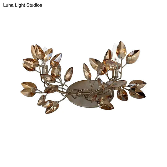 Modern Coffee Wall Sconce With Amber Crystal Shade And Vine Leaf Design - Set Of 2