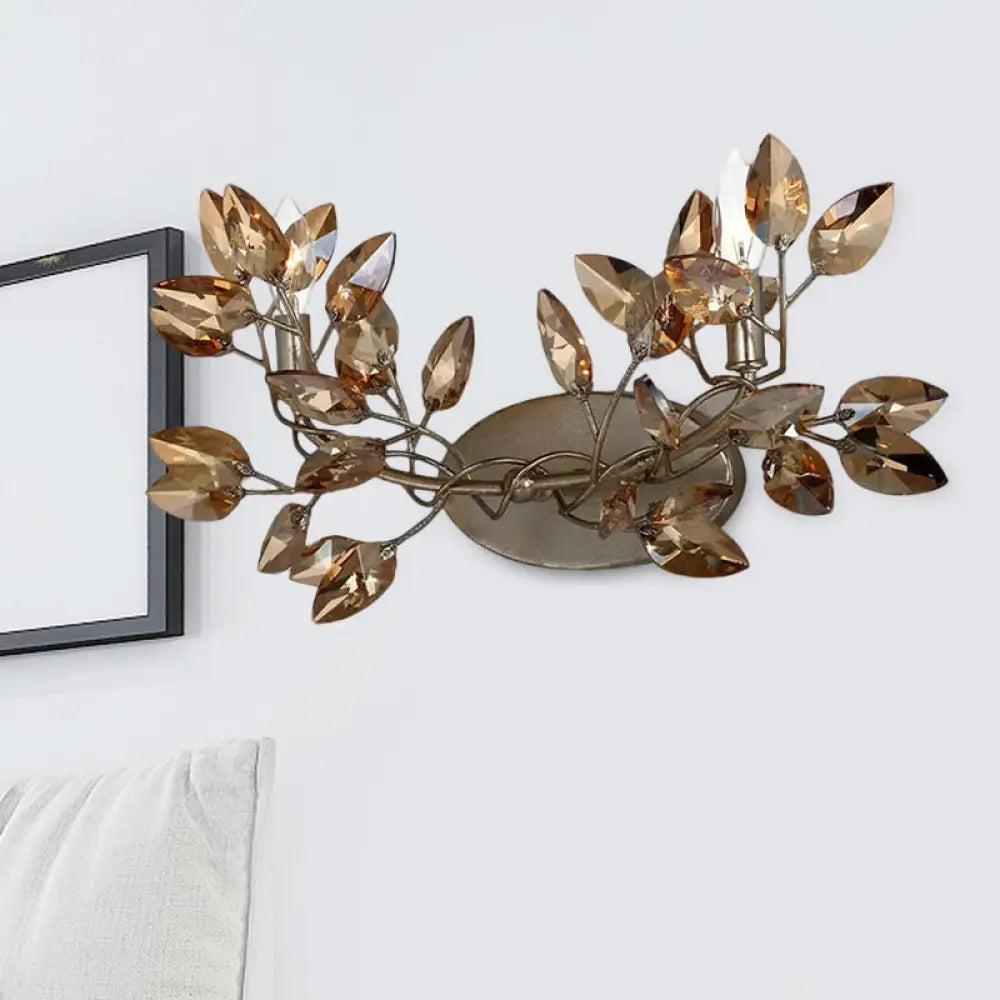 Modern Coffee Wall Sconce With Amber Crystal Shade And Vine Leaf Design - Set Of 2