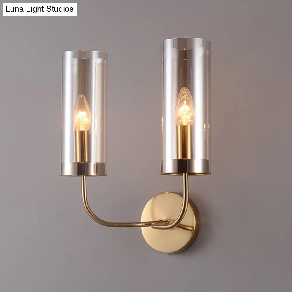 Modern Cognac Glass Cylinder Sconce Light With 2 Bulbs - Gold Wall Mount Lamp