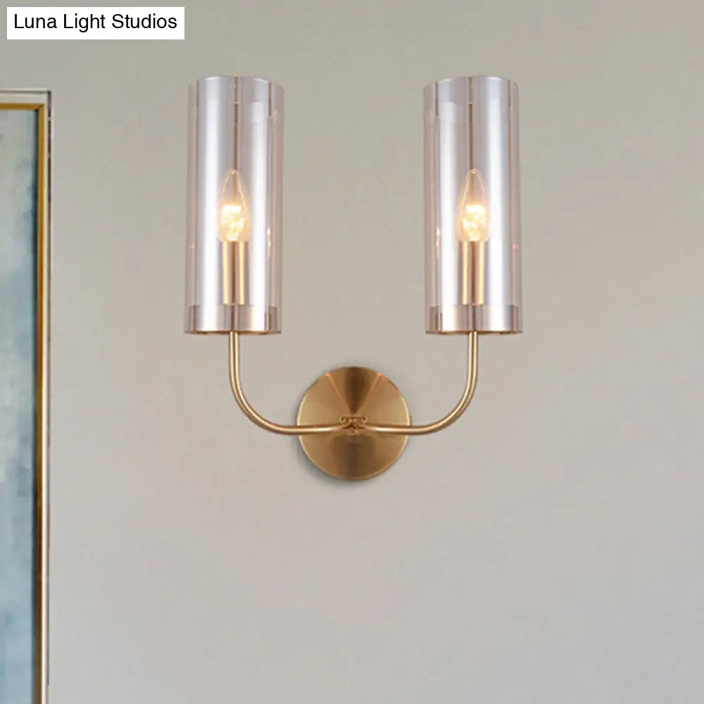 Modern Cognac Glass Cylinder Sconce Light With 2 Bulbs - Gold Wall Mount Lamp