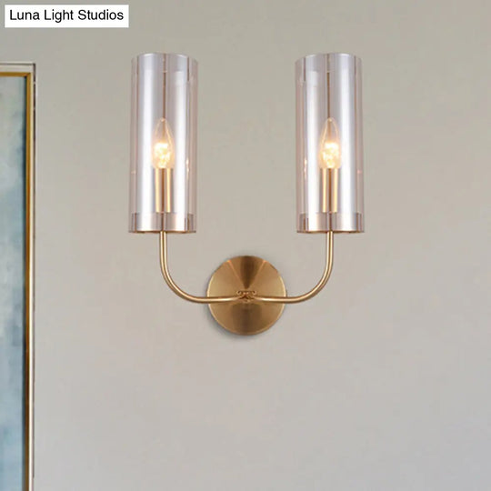 Modern Cognac Glass Cylinder Sconce Light With 2 Bulbs - Gold Wall Mount Lamp