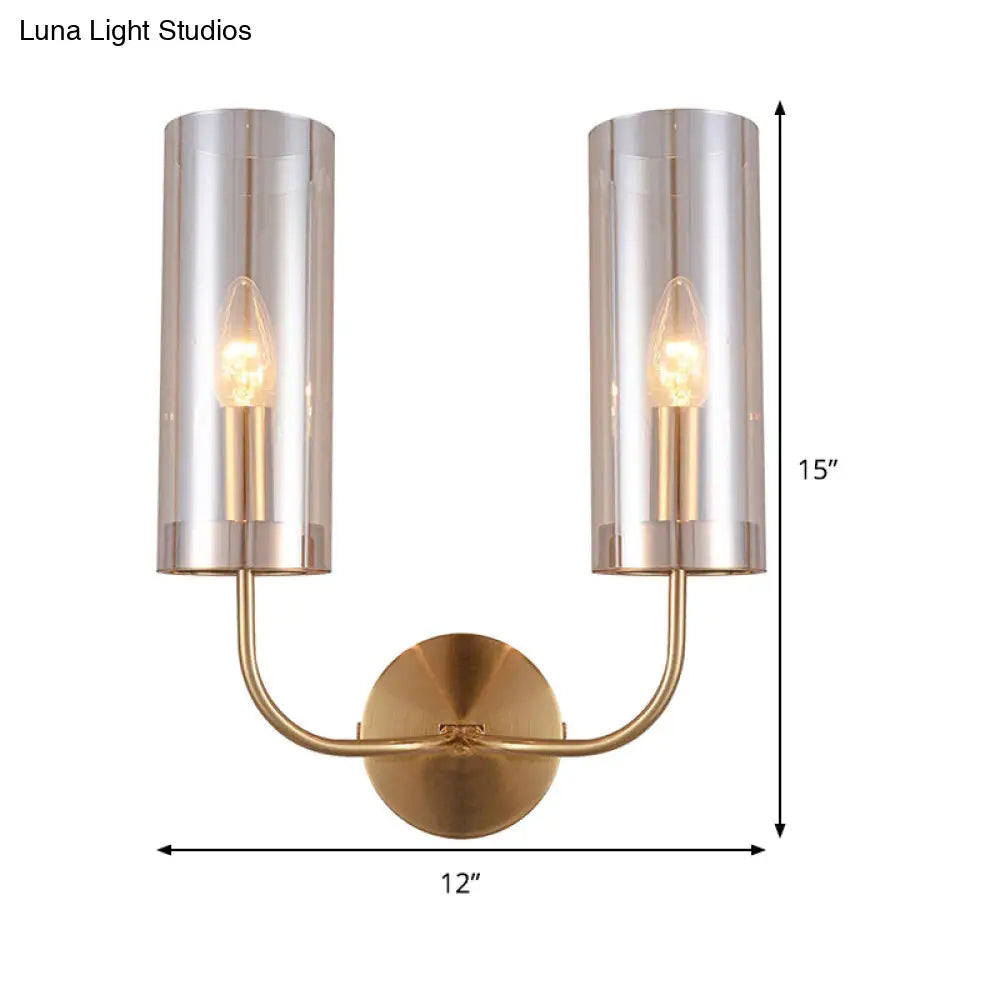 Modern Cognac Glass Cylinder Sconce Light With 2 Bulbs - Gold Wall Mount Lamp