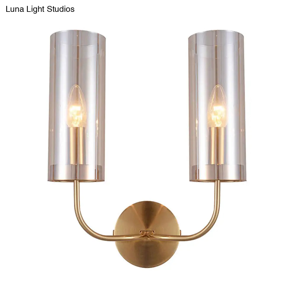 Modern Cognac Glass Cylinder Sconce Light With 2 Bulbs - Gold Wall Mount Lamp