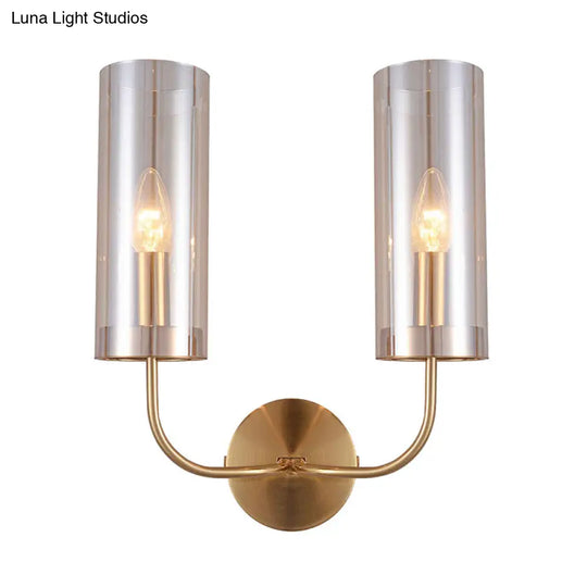 Modern Cognac Glass Cylinder Sconce Light With 2 Bulbs - Gold Wall Mount Lamp