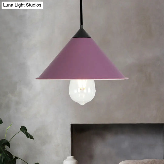Contemporary Cone Ceiling Lamp - 1 Bulb Metal Suspended Light (Black/Grey/Pink) For Kitchen Purple