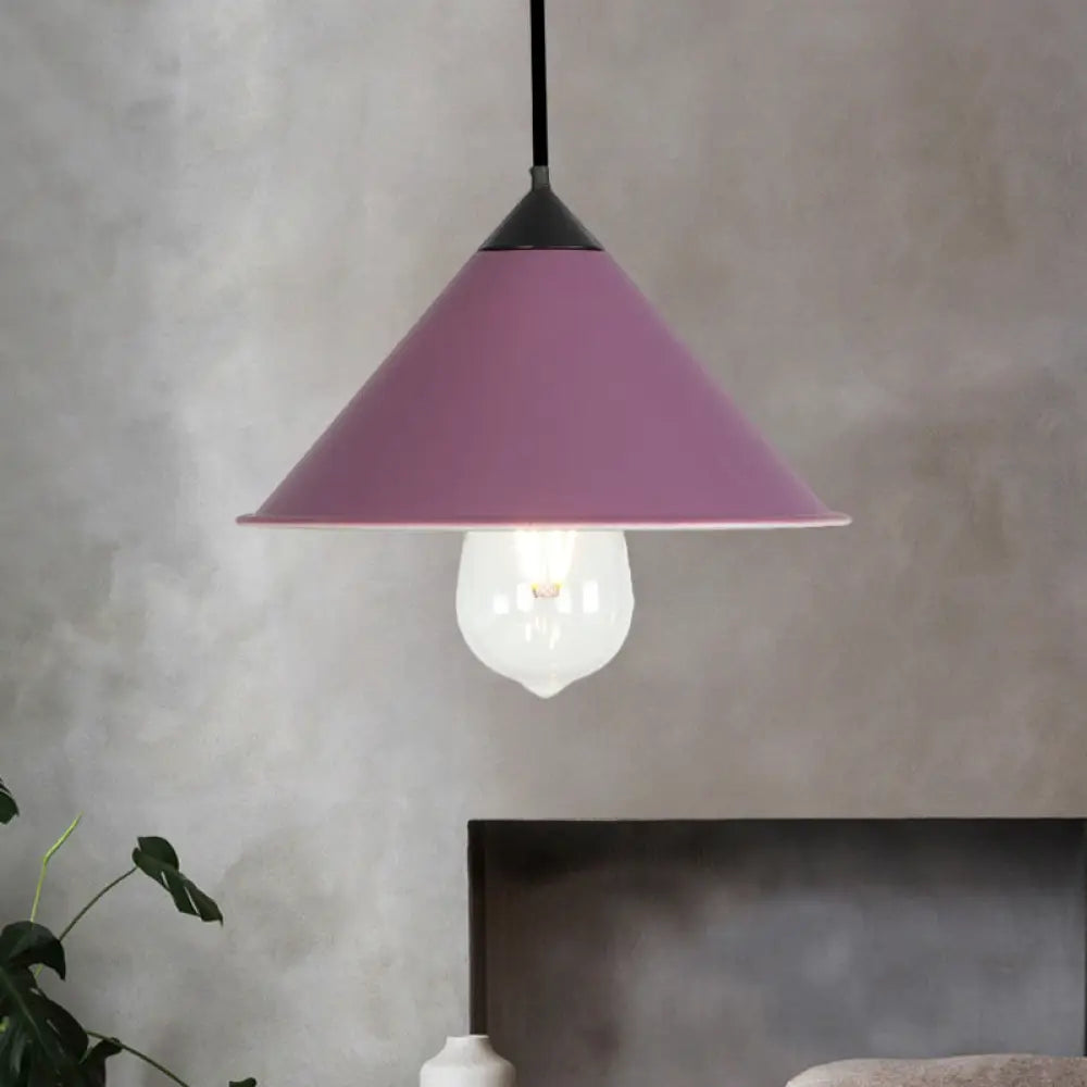 Modern Cone Ceiling Lamp - Single Bulb Suspended Light In Black/Grey/Pink For Kitchen Purple