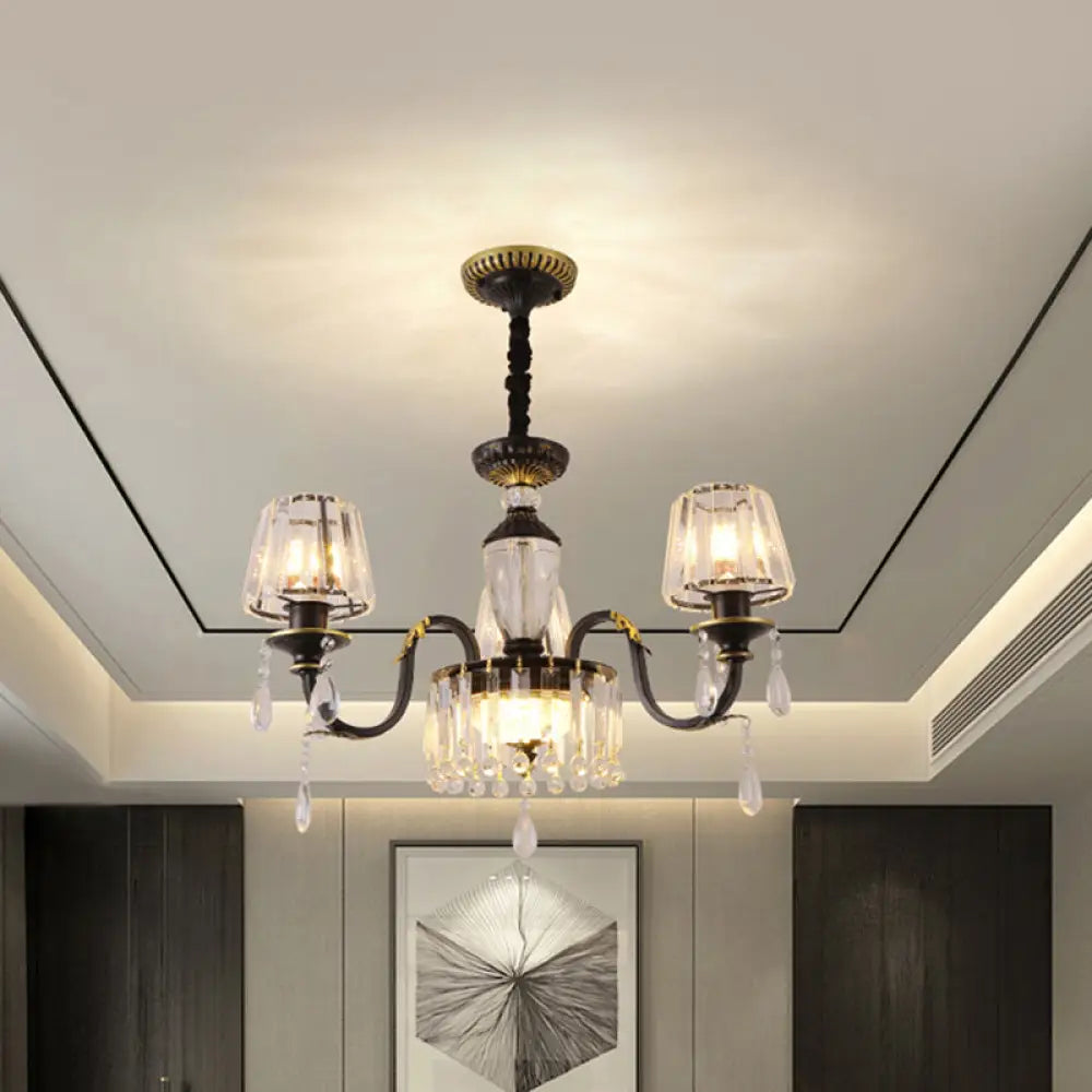 Modern Cone Crystal Chandelier Light With Down Lighting Pendant - 3/6-Head Black Design Featuring