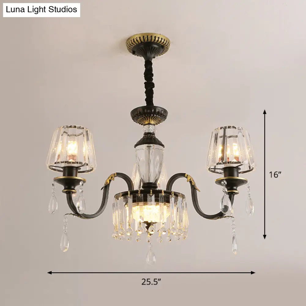 Modern Cone Crystal Chandelier Light With Down Lighting Pendant - 3/6-Head Black Design Featuring