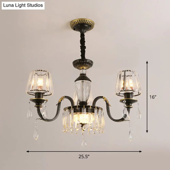 Modern Cone Crystal Chandelier Light With Down Lighting Pendant - 3/6-Head Black Design Featuring