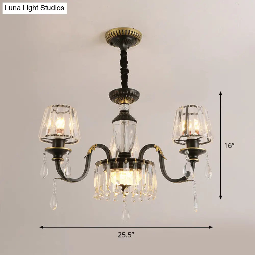 Modern Black Crystal Chandelier With Droplet - 3/6 Heads Down Lighting Pendant