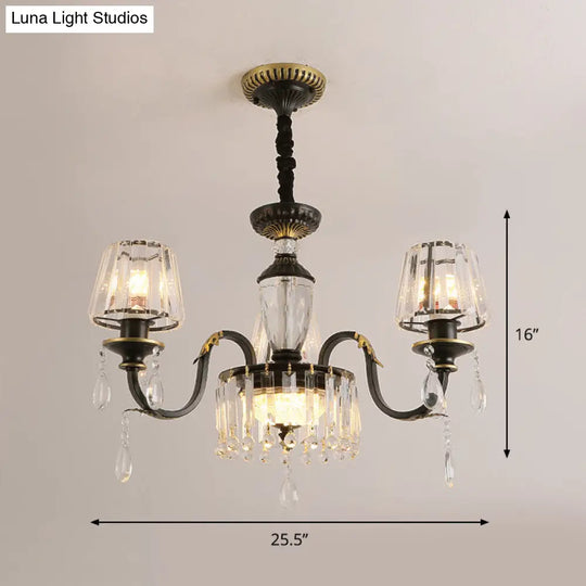 Modern Black Crystal Chandelier With Droplet - 3/6 Heads Down Lighting Pendant