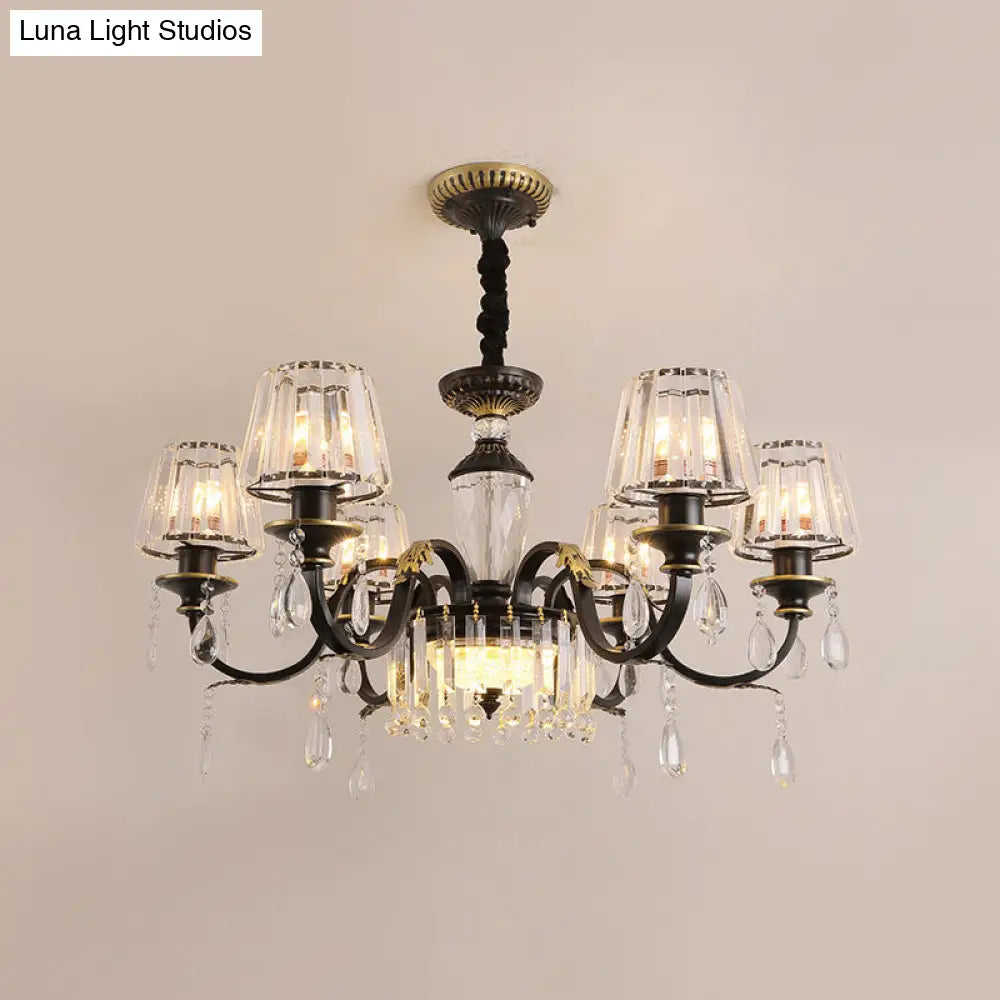 Modern Cone Crystal Chandelier Light With Down Lighting Pendant - 3/6-Head Black Design Featuring