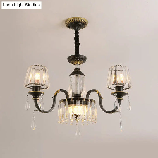 Modern Black Crystal Chandelier With Droplet - 3/6 Heads Down Lighting Pendant