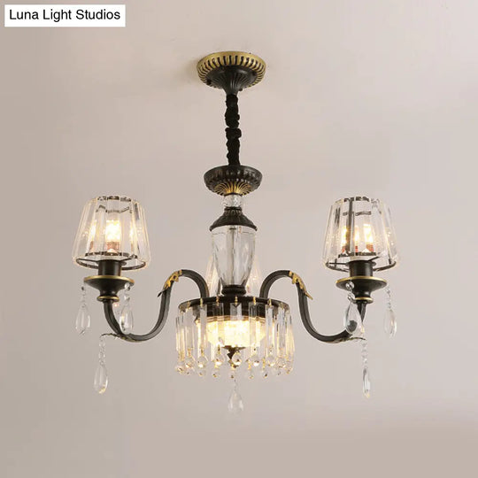 Modern Cone Crystal Chandelier Light With Down Lighting Pendant - 3/6-Head Black Design Featuring