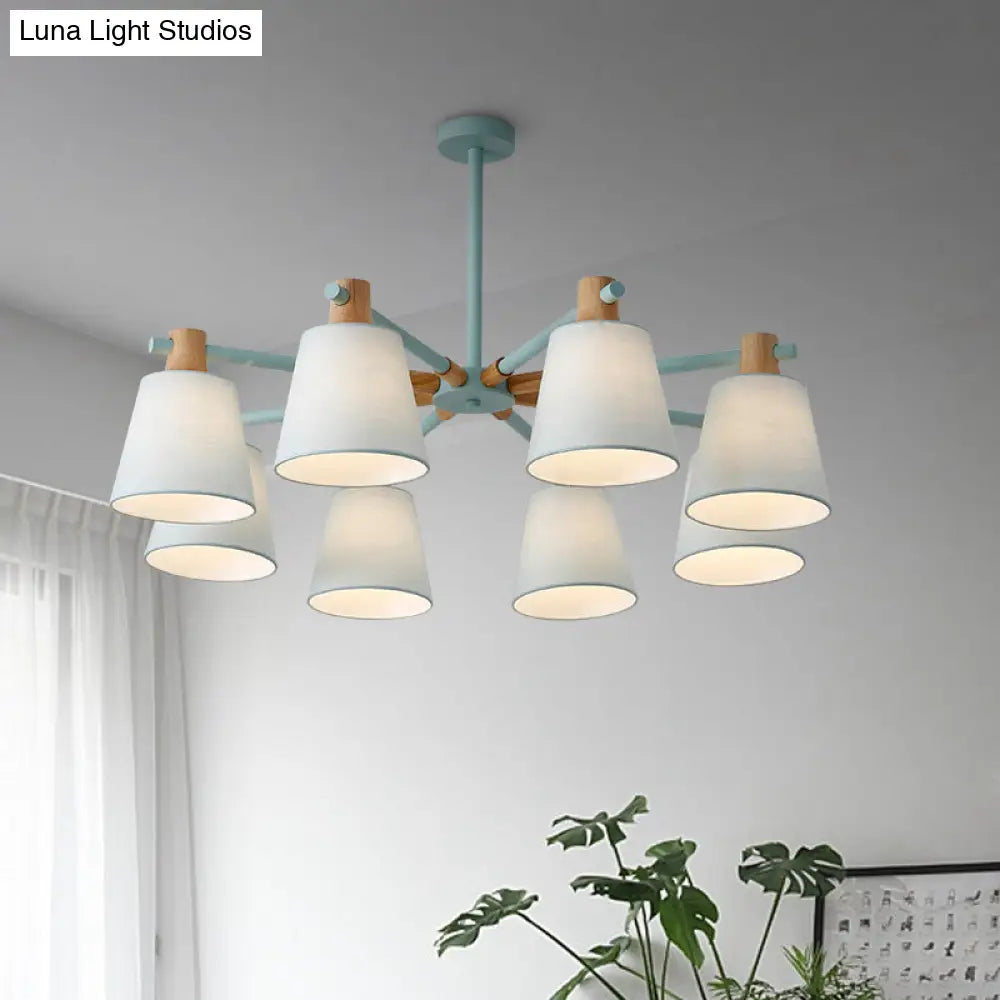 Modern Cone Fabric Chandelier Light - Wooden Hang Lampshade For Dining Room Or Bedroom