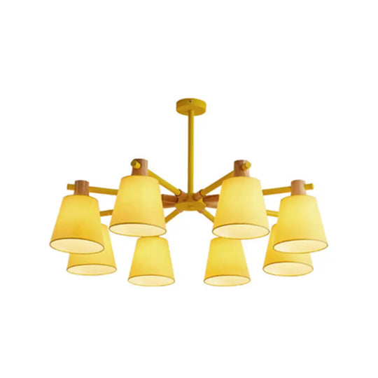 Modern Cone Fabric Chandelier Light - Wooden Hang Lampshade For Dining Room Or Bedroom 8 / Yellow