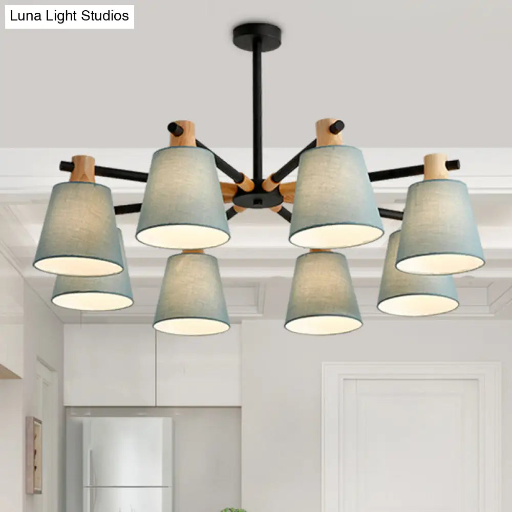 Modern Cone Fabric Chandelier Light - Wooden Hang Lampshade For Dining Room Or Bedroom