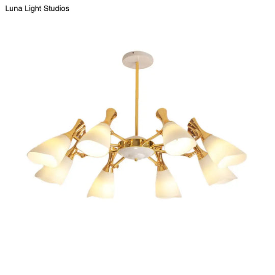 Modern Cone Frosted Glass Hanging Lamp: 6/8 Lights Gold Chandelier Fixture In Warm/White Light